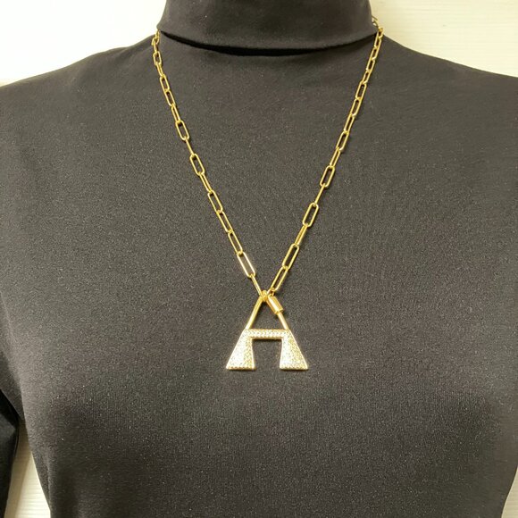 Brass Letter "A" Pendant Cubic Zirconia adjustable 20 inch Paper Clip Chain NEW - Picture 8 of 12